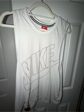 Nike White Women’s Graphic Tank Top with Outline Logo and long arm cut outs